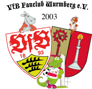 Logo des VfB Fanclub Wurmberg bestehend aus den sich überschneidenden Elementen Wappen VfB Stuttgart, Wappen der Gemeinde Wurmberg im Enzkreis, dem Maskottchen des VfB Stuttgart Fritzle sowie Äffle und Pferdle